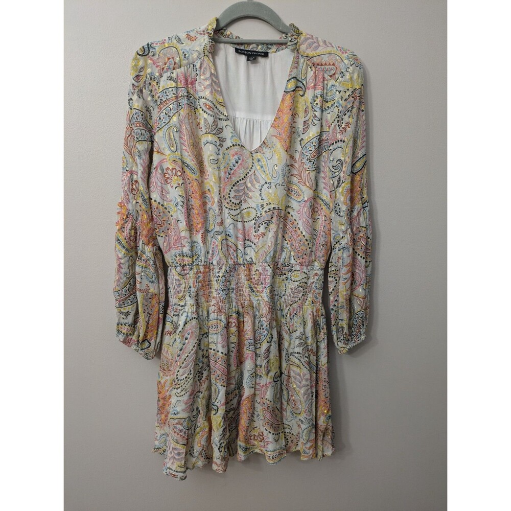 Boston Proper Dress S Puff Sleeve Boho Peasant Smocked Waist Paisley Colorful
